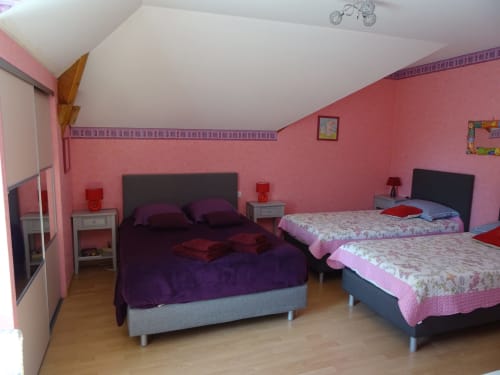 La chambre Pepsie du B&B CafecouetBreizh à Guipry-Messac avec deux lits, murs roses et vue sur le jardin