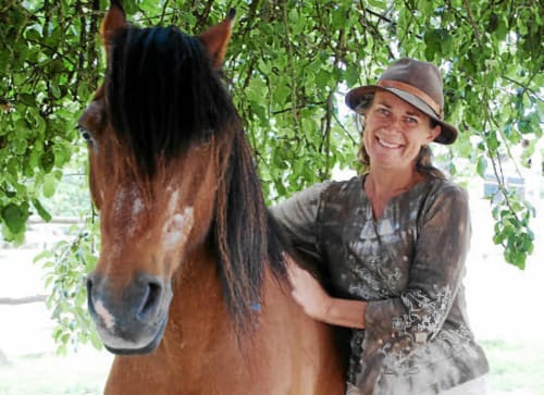 Femme souriante avec un cheval brun sous un saule au gîte CafecouetBreizh à Guipry-Messac, France