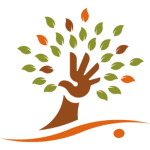 Logo stylisé d'arbre avec main et feuilles d'automne pour le gîte CafecouetBreizh à Guipry-Messac, France