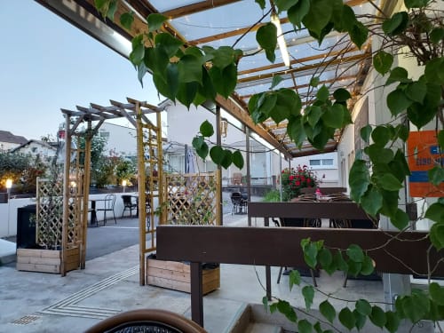 Terrasse sur le toit du Comtois avec pergolas en bois, lierre grimpant et places assises à Saône, France