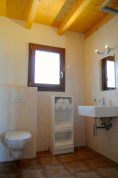 Salle de bains moderne partagée à l'auberge La Tzoumaz avec toilettes, lavabo, rangements de serviettes, poutres en bois et vue sur les montagnes