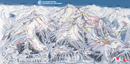 Plan des pistes de La Tzoumaz avec remontées mécaniques et terrain montagneux des Alpes suisses.