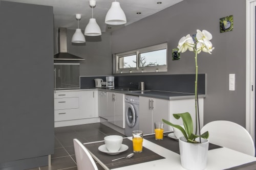 Modern kitchen at Gites Mas D'en Ratéro cottage with white cabinets, black countertops, dining table, and orchid plant