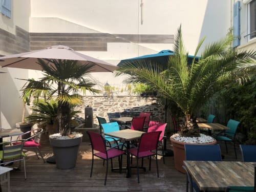 Outdoor terrace at Hôtel Maison Richet with colorful seating, potted palms, umbrellas, and stone walls in Les Sables-d'Olonne