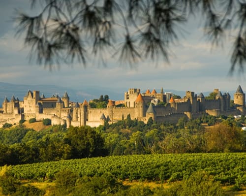 Medieval fortress Carcassonne castle overlooking vineyards near Montaut vacation rental Maison Monsieur Léger