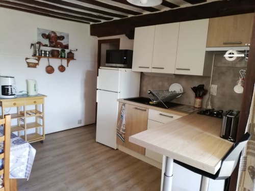 Modern kitchen in La Maison De L'Épine cottage, Aime la Plagne with white cabinetry, wooden counters and stainless steel