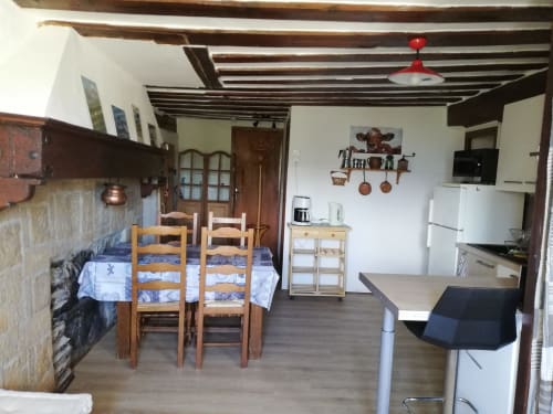 Rustic cottage kitchen-dining area with wooden beams, fireplace, dining table, and modern appliances in Aime la Plagne