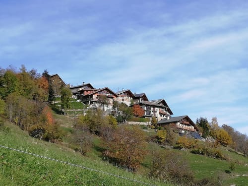 La Maison De L'Épine guesthouse nestled on Alpine hillside in Aime la Plagne with chalets among autumn trees