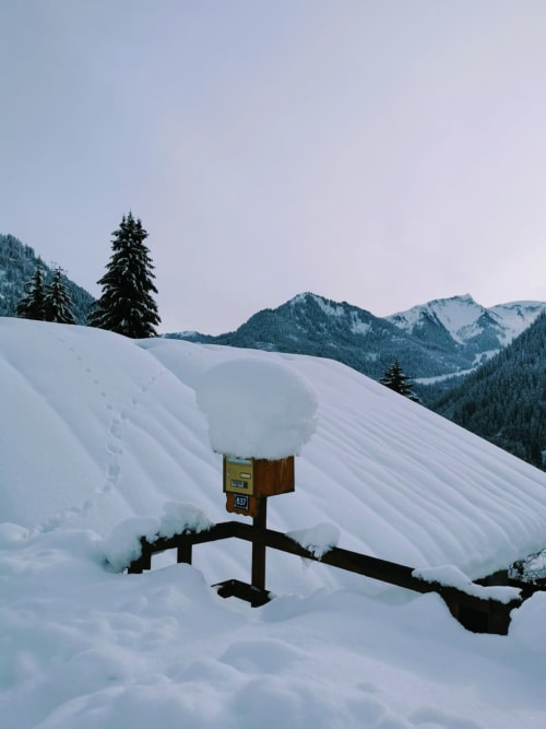 Snow-covered mailbox in Alpine winter landscape with mountains and evergreen trees at Chalet Domisiladoré