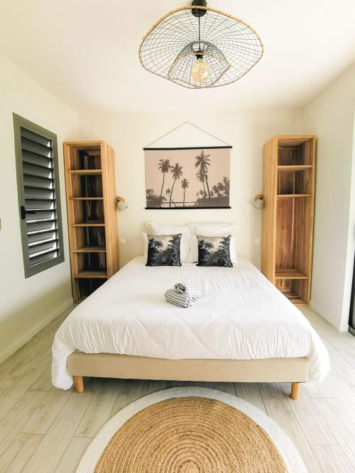 Chambre moderne à l'Habitation l'SEO à Sainte-Anne avec œuvre d'art palmier, étagères bois et tapis tissé