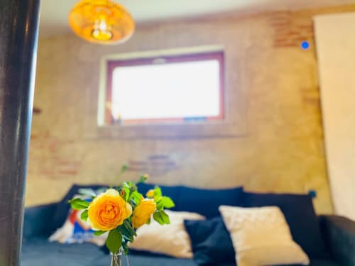 Rose jaune dans un vase, canapé bleu et luminaire ambre suspendu au salon de la villa Maison Monsieur Léger, Montaut