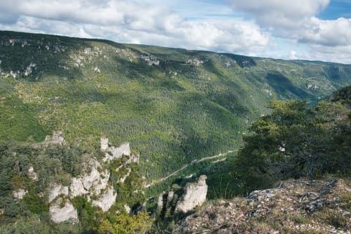 Vallée de canyon pittoresque avec rivière et falaises boisées près de Love And Spa à Meynes, France