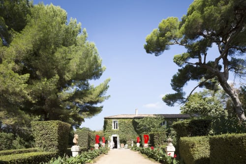 Mas De Lafeuillade B&B entrance with ivy-covered facade, red flowers, and Mediterranean pines in Montpellier