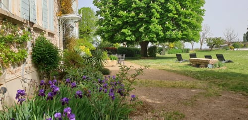 Iris violets en fleur dans les jardins du Château de Grandmont à Blacé, avec allées arborées et espaces de détente