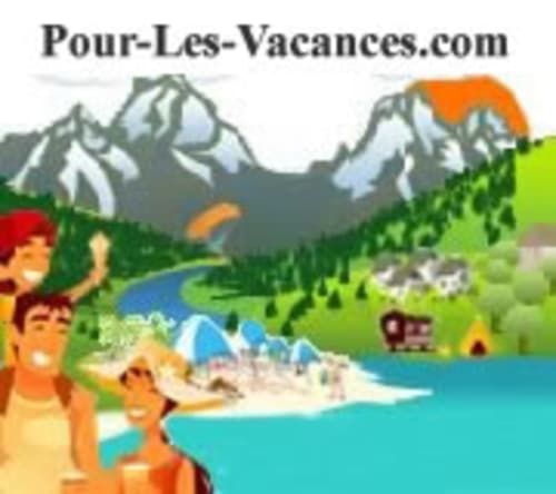 Vacation resort illustration with family, mountains, lake, camping and outdoor activities at Château de Ré