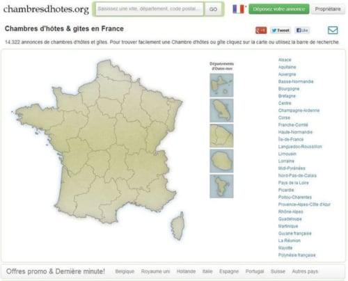 Map of France showing bed and breakfast locations, Château de Ré in Le Petit Pressigny region