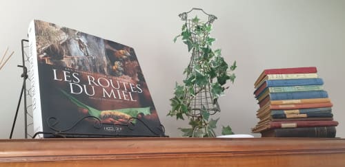 Étagère en bois avec le livre français « Les Routes du Miel », plante de lierre en pot et livres colorés empilés au Château de