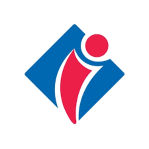 Abstract logo with blue diamond shape, red curved form, and red circle for La Vieille Foulonnière B&B in Pontorson