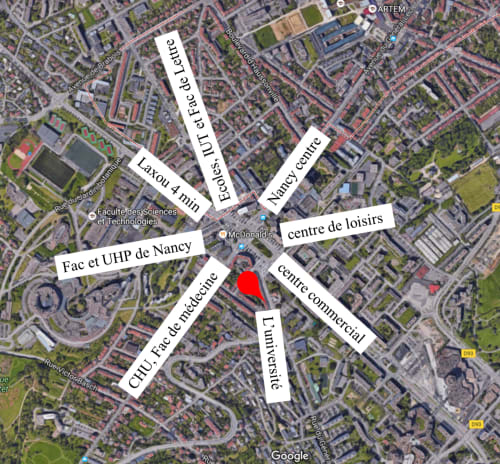 Carte aérienne de Vandoeuvre-les-Nancy montrant la localisation de NancyRoom près des universités, commerces et centres de loisirs