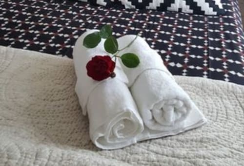 Serviettes blanches roulées avec décoration de rose rouge aux Forges Du Lou, gîte à Jugon-les-Lacs, France