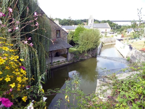 Moulin en pierre aux Forges du Lou à Jugon-les-Lacs, bordant une rivière paisible, avec vignes fleuries et village en arrière-plan