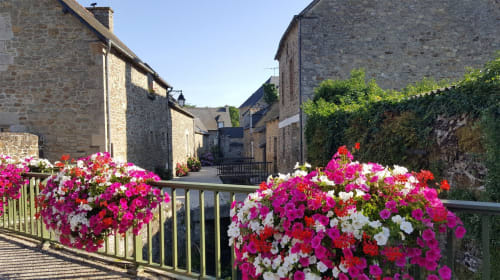 Cour colorée aux fleurs de l'auberge Les Forges Du Lou à Jugon-les-Lacs, avec bâtiments en pierre et lierre