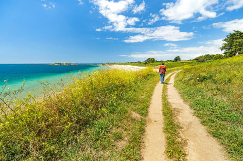 Coastal hiking trail with turquoise waters at La Fôret-Fouesnant, Finistère Sud vacation rental
