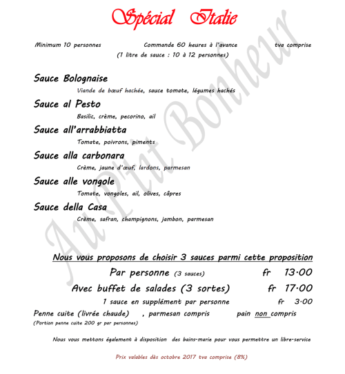 Menu Spécial Italie, maison d'hôtes, restaurant, Vaud, Suisse.