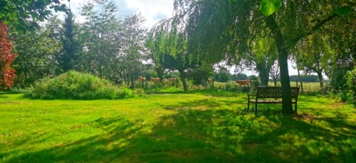 Peaceful garden at Aux Prés Du Berry with bench under trees, green lawn, and countryside views in Chavin, France