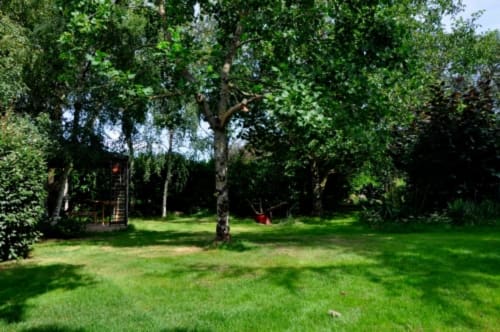 Lush green garden at Aux Prés Du Berry with mature trees and lawn in Chavin, France