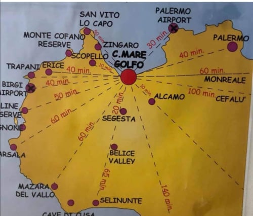 Travel map showing distances from Castellammare del Golfo to nearby Sicilian destinations like Palermo, Mondello, and