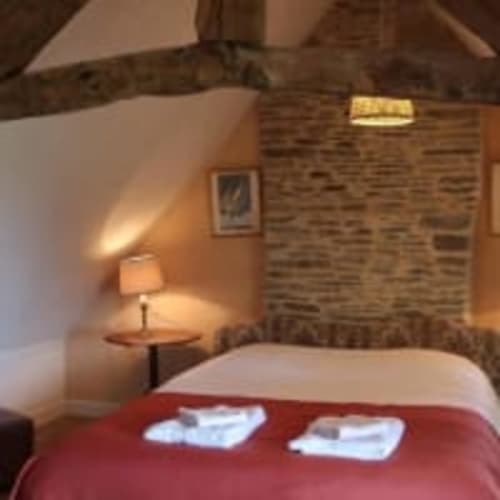 Chambre cosy du gîte La Vieille Foulonnière à Pontorson, avec lit rouge, mur en brique, lampe et vue sur le jardin