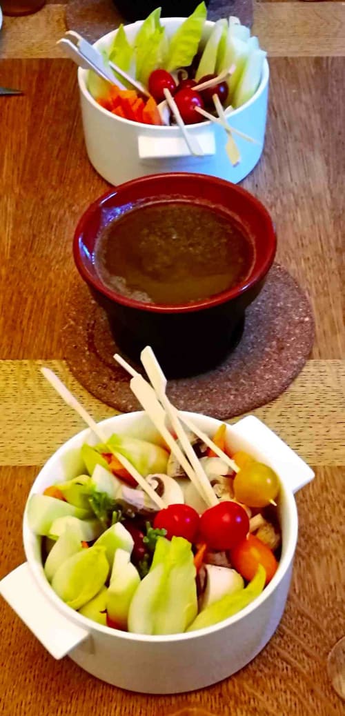 Vegetable platter with fresh celery, peppers, and cherries with dipping sauce at Aux Prés Du Berry B&B