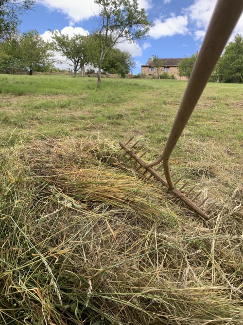 Gartenrechen im Gras bei La Maison de la Colline in Vers, Frankreich, mit Blick auf die Landschaft