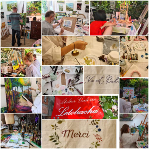 Atelier de peinture au Petit Nid d'Aigle à Giverny, des hôtes peignent et créent avec des pinceaux et des aquarelles.