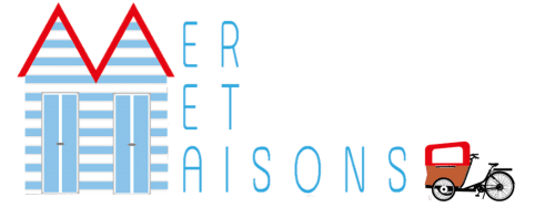 Logo Mer et Maisons : maison de plage rayée au toit rouge et vélo de livraison, La Trinité sur Mer