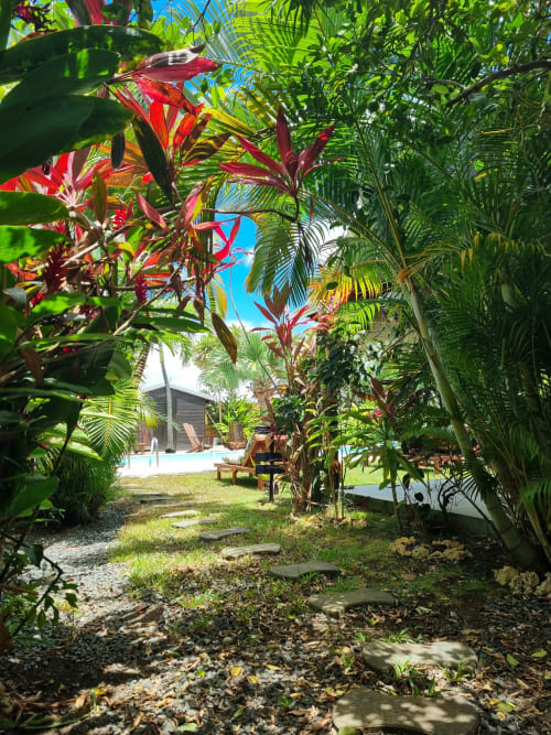 Sentiero del giardino tropicale con fiori rossi che conducono alla piscina di Gites Kaladja, Port-Louis Guadalupa