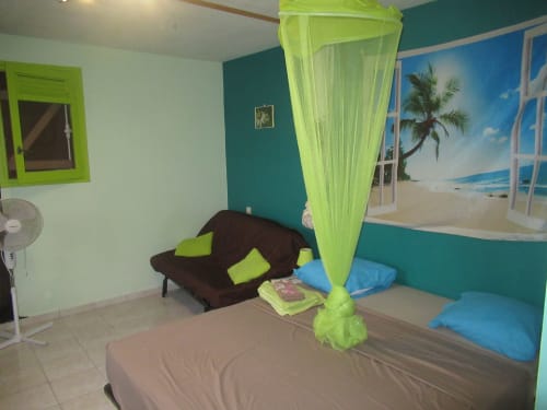 Chambre de la villa Caribgites à Sainte-Anne : décor tropical, lit à baldaquin vert, canapé marron, vue baie vitrée sur fresque marine