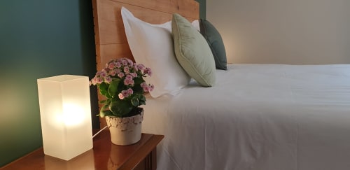 Chambre douillette du Château de Grandmont avec oreillers blancs, fleurs roses en pot et lampe d'ambiance sur la table de nuit