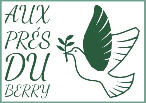 Aux Prés Du Berry logo: stylized dove with green leaf and text, representing the B&B in Chavin, France