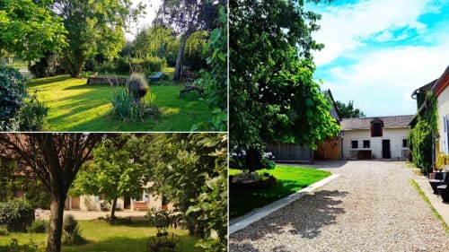 Aux Prés Du Berry B&B grounds: lush gardens, ivy-covered buildings, and gravel courtyard in Chavin, France