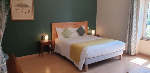 Chambre lumineuse au Château de Grandmont B&B à Blacé avec lit en bois, mur vert et lumière naturelle