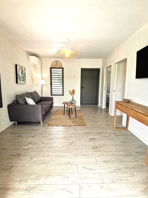 Salon moderne à l'Habitation I'SEO à Sainte-Anne : canapé sombre, parquet et décor contemporain