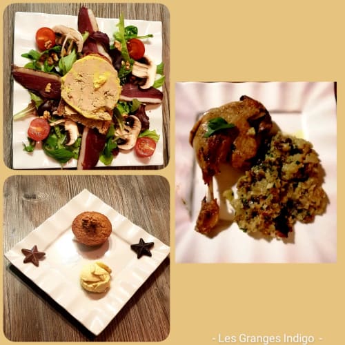 Les Granges Indigo gourmet dishes: foie gras salad, herb-crusted meat, and chocolate dessert