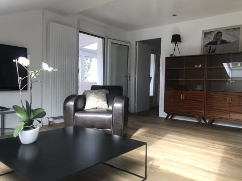 Coin salon moderne aux Gîtes De L'odet avec fauteuil en cuir, table basse noire, plante orchidée et éléments en bois