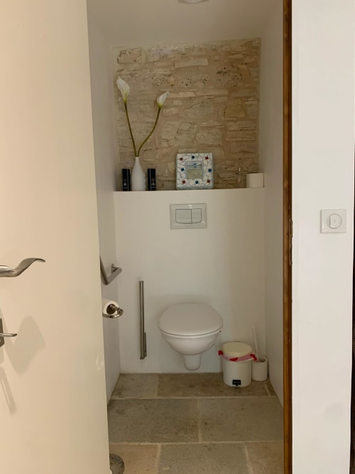 Salle de bain moderne du gîte Gindou avec toilettes blanches, étagère décorative, plantes en pot et dallage en pierre