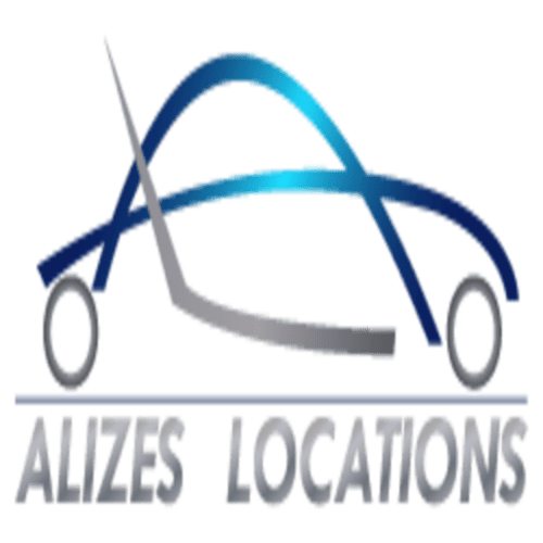 Logo noleggio auto Alizes con design di veicolo blu stilizzato per alloggi a Port-Louis