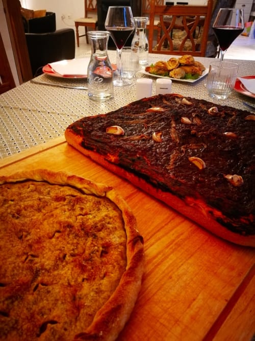 Dining table at Aux Prés Du Berry B&B with chocolate cakes and fresh pastries, Chavin, France