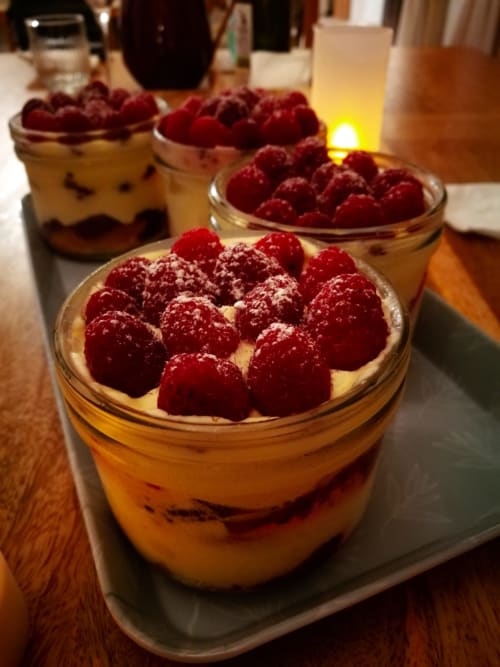 Elegant raspberry desserts in jars at Aux Prés Du Berry, a French bed and breakfast in Chavin