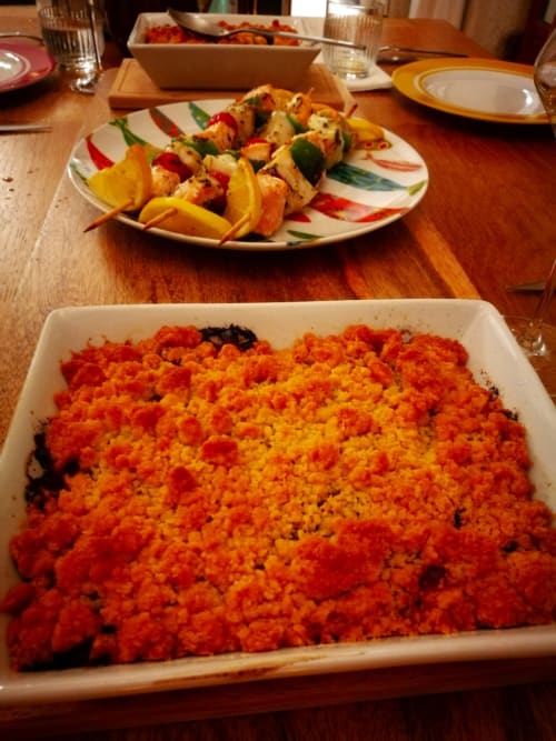 Spanish paella and grilled vegetable skewers served at Aux Prés Du Berry, a French bed and breakfast in Chavin.